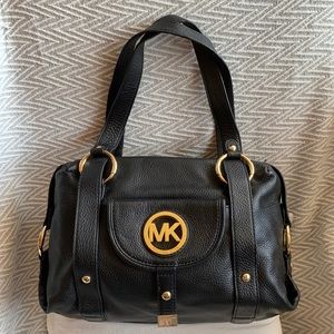 MICHAEL KORS Fulton Logo Black Pebbled Leather Satchel Handbag.